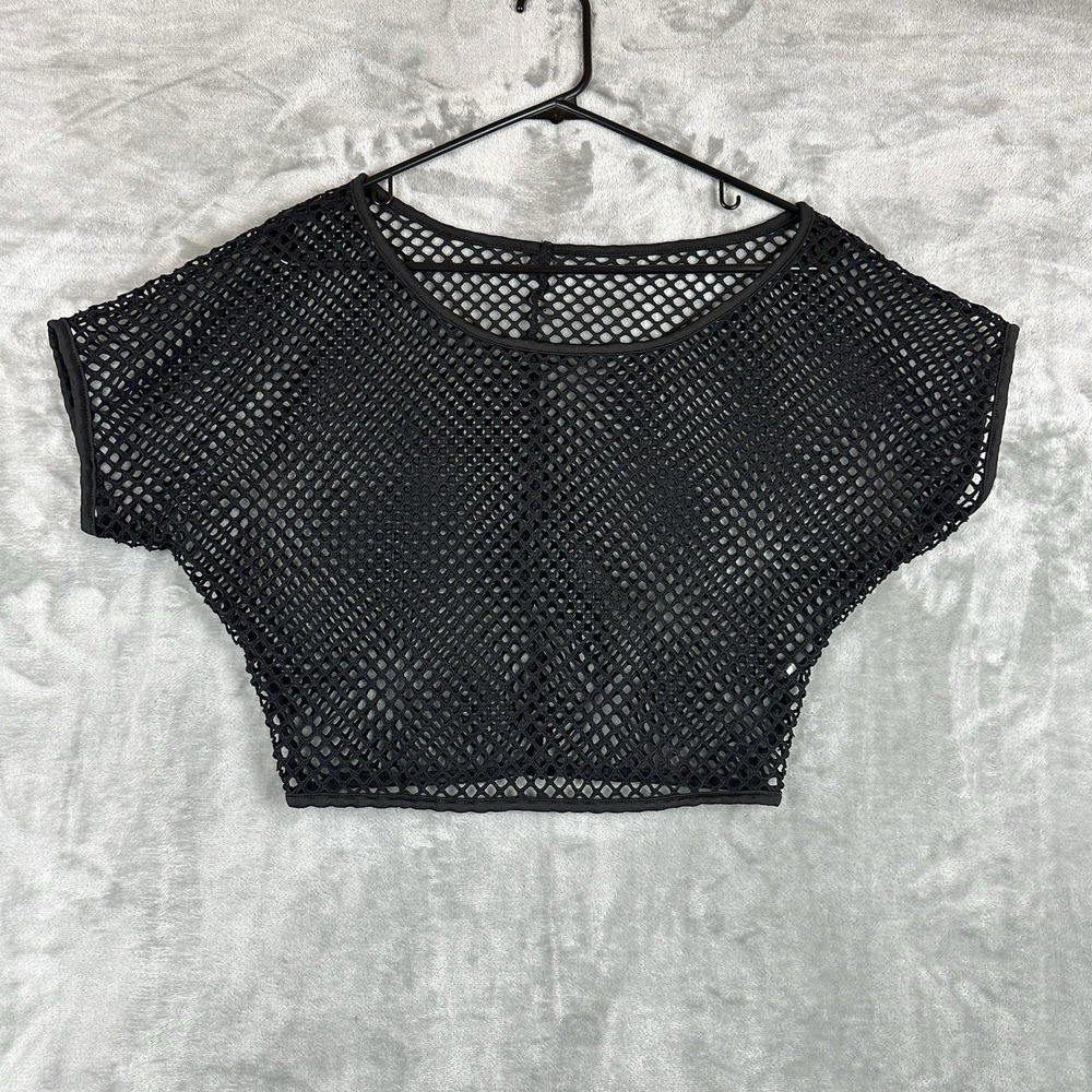 Fishnet Crop Top T-Shirt Women's L Black Short Sleeve Mesh